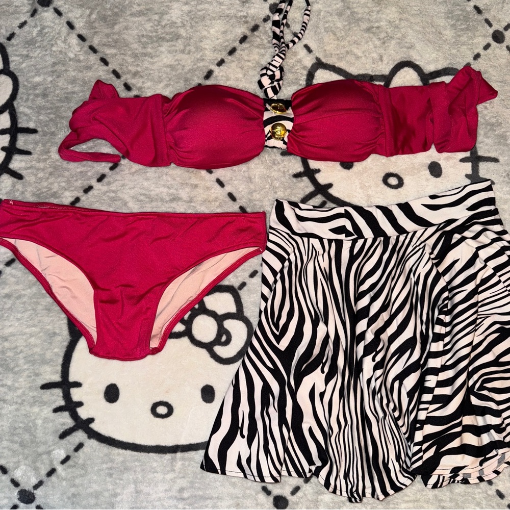 Hot Pink Bikini Set w/ Zebra Print Cover Up Skirt - 3 Pieces